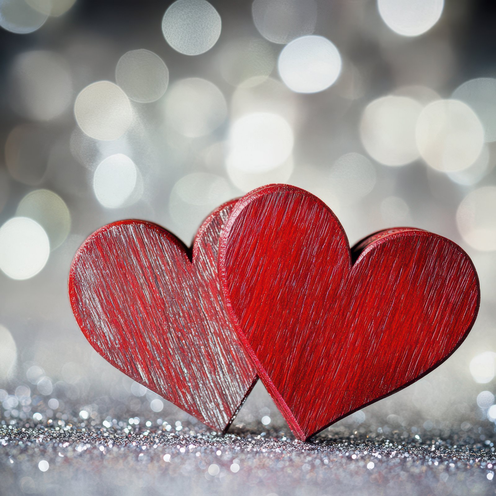Handcrafted red wooden hearts on a sparkling background create a romantic atmosphere for love and celebration